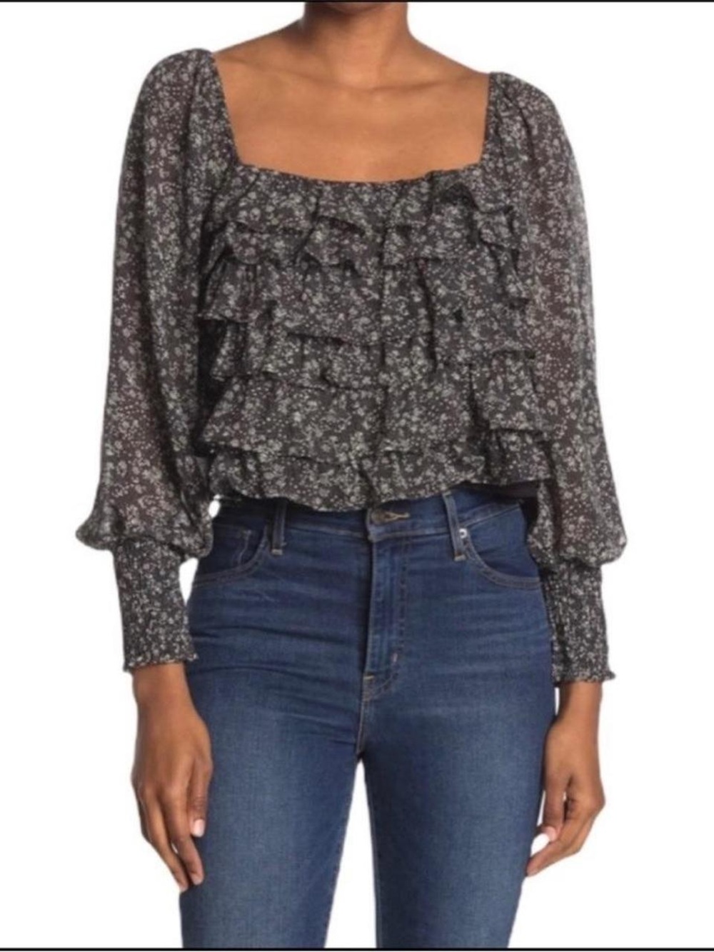 ASTR The Label Black White Floral Ruffle Blouse Square Neck Long Sleeve Sz M
